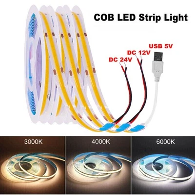 COB LED Strip Light Flexible Tape Lights Home DIY Lighting Warm White 5V 12V 24V - Image 1 of 4
