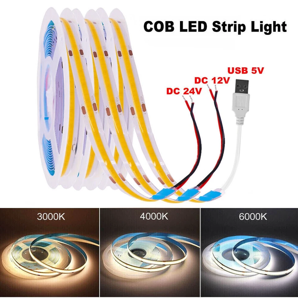 COB LED Strip Light Flexible Tape Lights Home DIY Lighting Warm White 5V 12V 24V - Image 1 of 4