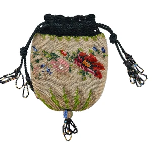 Antike viktorianische Handtasche mit handgefertigten Blumen Kordelzug Mikroperlen 5,5 x 4,5 Zoll - Bild 1 von 9