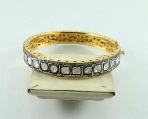 Natural Rosecut Diamond & Uncut Polki 925 Sterling Silver Gold Plated Bangle - Picture 1 of 2