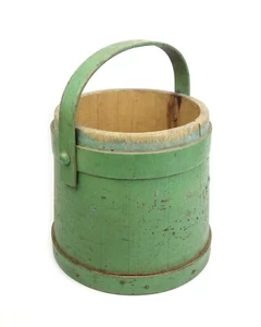 Antico vecchio secchiello zucchero in legno botte abete verde vernice dispensa primitivo - Foto 1 di 8