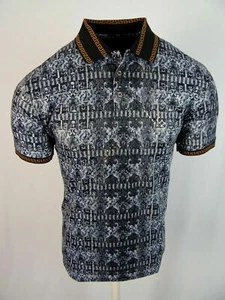Mens Polo Shirt Black Gray Floral Leaf Prints Gold Foil Overlay Slim Fit Stretch - Picture 1 of 4