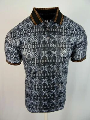 Mens Polo Shirt Black Gray Floral Leaf Prints Gold Foil Overlay Slim Fit Stretch - Image 1 of 4