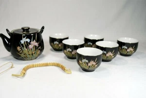 Vintage Japanese Black Ceramic Gold Blue Pink Iris Floral Tea Pot and Cups Set - Picture 1 of 12