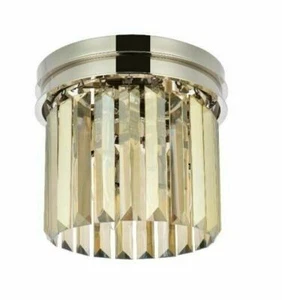 Polished Nickel Flush Mount 3 Light Fixture 12in Golden Teak Crystal Chandelier - Picture 1 of 9