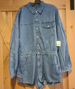 New! Free People Zodiac Size XL Denim Chambray One Piece Romper Moon Blue Snap - Picture 1 of 18