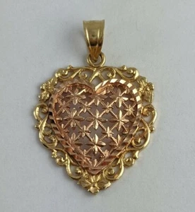 14K OR Rose Yellow Beverly Hills Gold Filigree 1-1/8" Heart Pendant 2.16gm - Picture 1 of 8