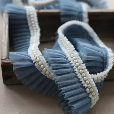 3 Meters Lace Beaded Ruffles Pleated Mesh Edging Faux Pearl Bead Trimming Frill - Image 1 of 4