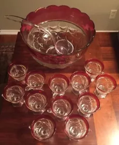 Vintage Indiana Glass Lexington Thumbprint Ruby Red Flash Punch 14 Piece Set - Picture 1 of 12