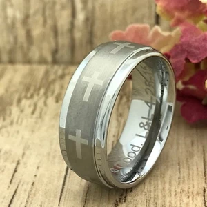 Cross Tungsten Ring,Personalize Engraved Wedding Band,Free Engraving - Picture 1 of 8