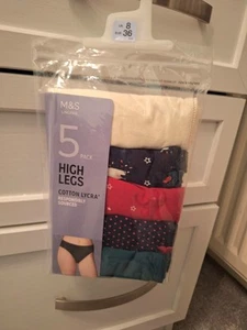 M&S 5 Pack High Leg Cotton Lycra Knickers Size 8 - Multi - Picture 1 of 2