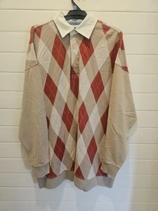 Vintage Canterbury Of New Zealand Argyle Beige/Red Cotton Jumper - Size L  - Picture 1 of 7