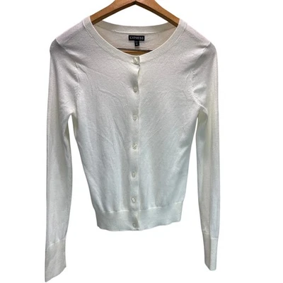 Cárdigan corto Express blanco cuello redondo botón delantero para mujer talla pequeña Foto 1 de 4