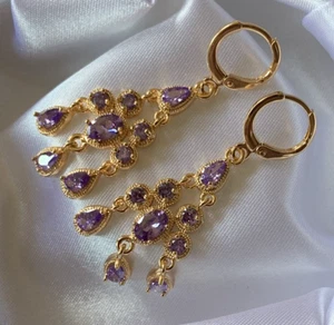 Gold  Hoop & Drop Dangle Amethyst Statement Tassel Earrings 50% RRP IN GIFT BOX - Picture 1 of 4