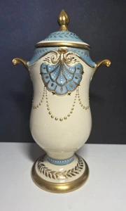 Eton China handverzierte Vase Urne Kanister hellblau Gold & weiß - Bild 1 von 10