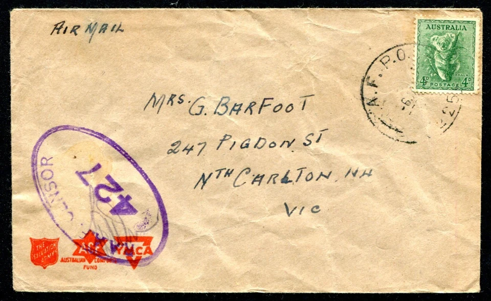 AUSTRÁLIA (26324): capa de correio aéreo censurada A.F.P.O.225 para Victoria - Imagem 1 de 1