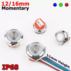 Interruttore Pulsante LED On/Off 12/16mm Momentaneo Impermeabile Metallo Super Corto - Foto 1 di 8
