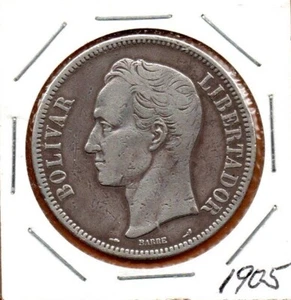 Moneda Venezuela "Fuerte" 5 Bolívares Bs 1905 Plata .900 37.2mm 25gr. KM#24 - Imagen 1 de 2