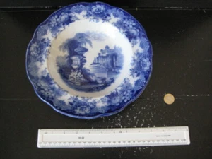 RARE VINTAGE TRANSFER PRINTED FLOW BLUE AND WHITE SCENIC BOWL PLATE - Picture 1 of 11