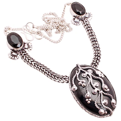 Onice Nera Gemma Placcato Argento Handmade Gioielli Collana Regalo 24 G N-1202 - Immagine 1 di 3