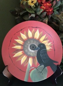 Primitive Sunflower Crow Plate Distressed Wood Fall Farmhouse Country Rustic   - Picture 1 of 3