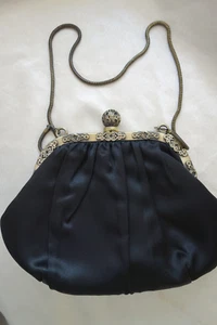 Small Vintage 1950s Black Evening Cocktail Bag Filigree Clasp pre owned - Picture 1 of 7