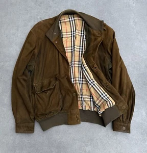 BURBERRYS NOVA CHECK Lined Suede Leather Men Bomber Jacket Sun Faded Brown Sz 54 - Picture 1 of 16
