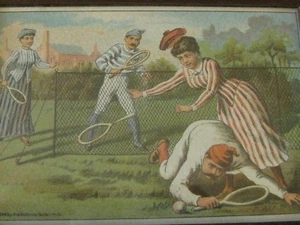vintage 1888 Framed Tennis Postcard women men playing gift player antique old - Picture 1 of 3