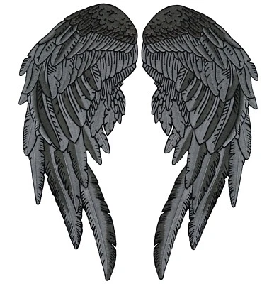 NIXON THREAD CO. Black Gray Angel Wing Patches 14" Realistic Wings and Feathers Embroidered Patch