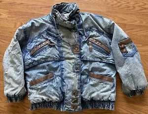 Vintage 80s East West Acid Washed Denim Jean Jacket Leather Adult Medium Pockets - Picture 1 of 18