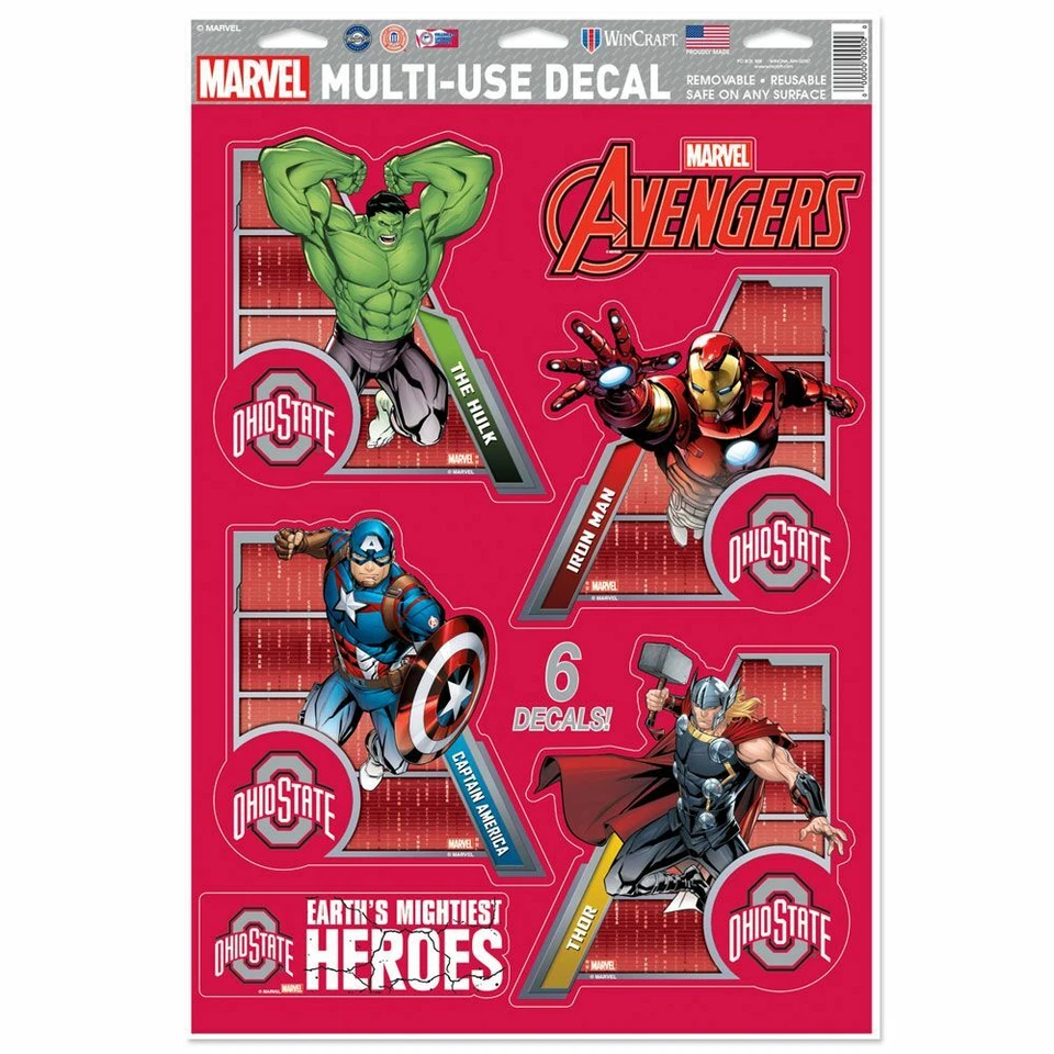 OHIO STATE BUCKEYES HULK THOR IRON MAN 4-PACK REMOVABLE REUSABLE DECALS WINCRAFT - Image 1 of 1
