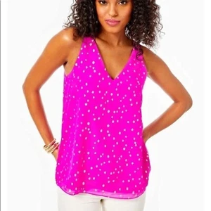 Lilly Pulitzer Pink Florin Elderberry Gold Metallic Silk Polka Dot Tank Top XL - Picture 1 of 8