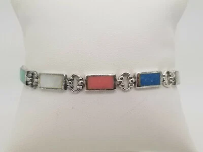 PULSERA PLATA ESTERLINA CON INCRUSTACIONES MÚLTIPLES PIEDRAS PRECIOSAS TURQUESA MADREPERLA ETC Foto 1 de 4