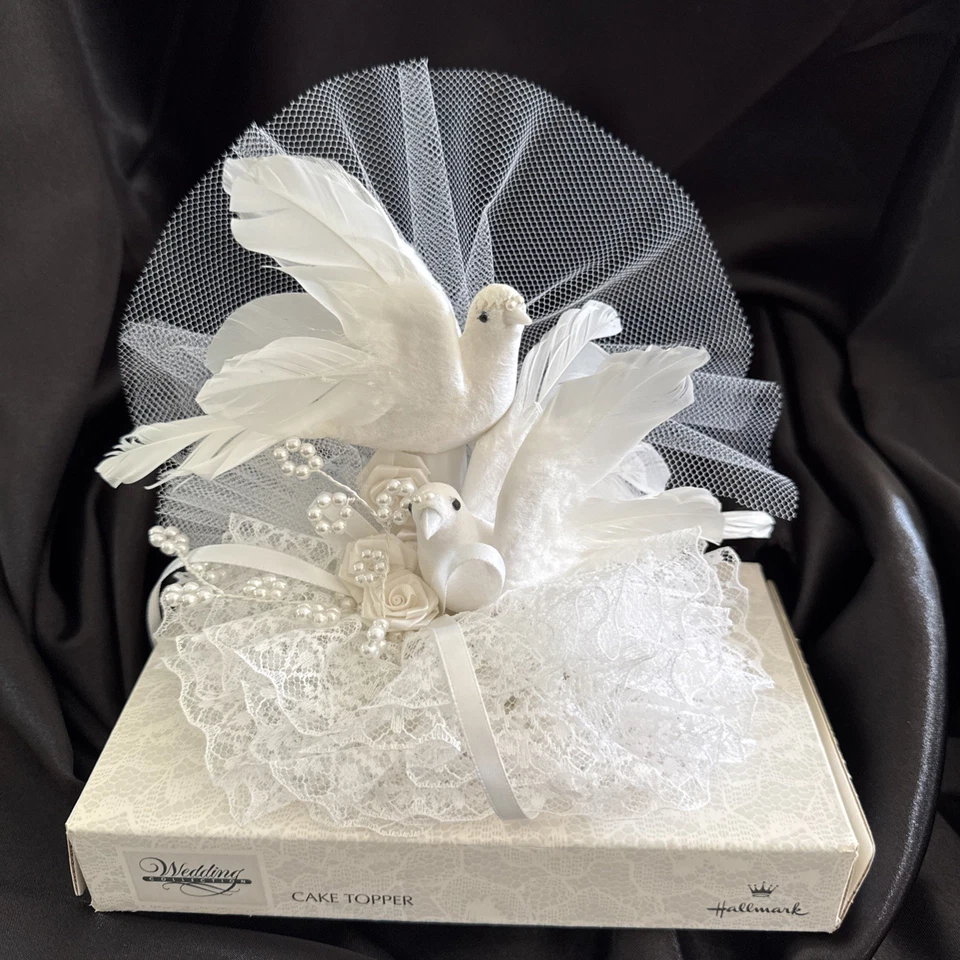 NIB Hallmark PAIR White Feather Love Doves On Pearl Lace Wedding Cake Topper - Image 1 of 4