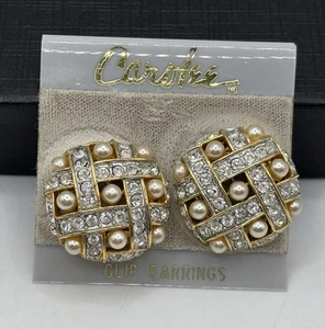 Carolee Open Lattice Pave Crystal Faux Pearl Earrings 1' Famed Clip On 80's - Picture 1 of 5