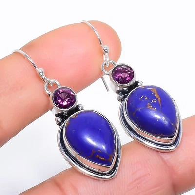 Copper Blue Turquoise, Rhodolite Gemstone 925 Sterling Silver Earring 1.7" E541 - Image 1 of 4