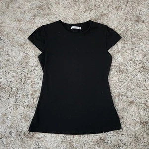 Top negro para mujer Susana Monaco Performance x Equinox cuello redondo manga gorra pequeño - Imagen 1 de 7