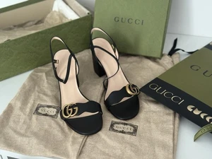 Gucci Sandles- Italian Black Leather, Gold Gucci Logo. Receipt Included - Picture 1 of 6