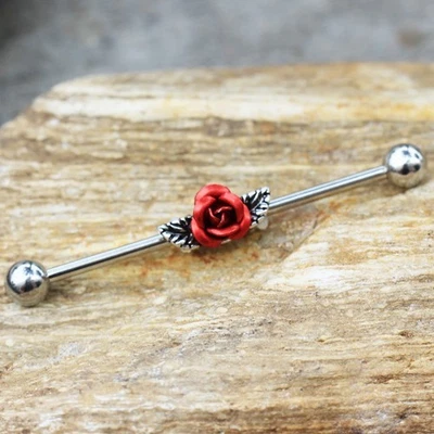 316L Stainless Steel Red Rose Industrial Barbell - Image 1 of 3