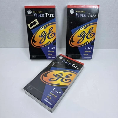 3 cintas de video VHS en blanco premium estéreo Hi-Fi T-120 de GE nuevas en envoltura retráctil original Foto 1 de 4