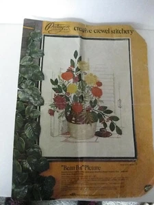 Vtg Paragon Creative Crewel Stitchery Kit Bean Pot 18x24 Floral Hoop 70s Started - Picture 1 of 11
