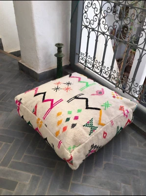Moroccan Kilim Pillow, Outdoor Morocco Pouf, Floor Pouf, Vintage Moroccan Ottoma - Image 1 of 4