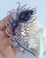 Luxury Headpiece Purple Crystal Rhinestone Peacock Feather Hair Comb FSE05038C2a