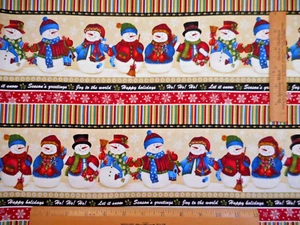 Christmas Fabric 1 Yard Snowman Stripe Cream Red Gold Blk Premium Cotton #30 Vtg - Picture 1 of 3