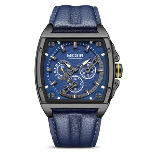 Watch Waterproof Military Leather Square Watch Megir Men's Chronograph Quartz - Picture 1 of 11