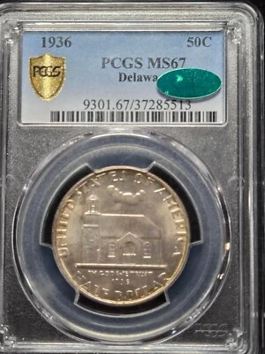 1936 Delaware Commemorative Silver Half Dollar 50C PCGS MS 67 CAC - Beautiful!!! - Image 1 of 2