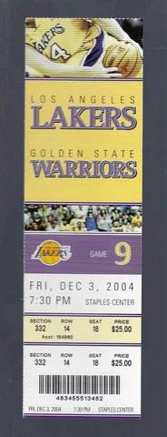 KOBE BRYANT TRIPLE DOUBLE 2004 NBA WARRIORS @ LAKERS FULL BASKETBALL TICKET 12/3 Cover