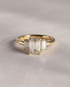 3.00 Ct Emerald Cut Certified Lab Grown Diamond Three-Stone Ring 14k Yellow Gold - Picture 1 of 23
