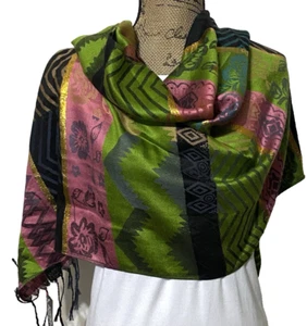PASHMINA Mezcla de Seda Envoltura/Chal/Bufanda Verde/Rosa/Dorado Mezcla de Seda con Fleco 26 x 66 - Imagen 1 de 13