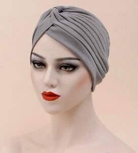 Bonnet turban Gris Retro chimio perte cheveux foulard Plissé Alopécie hijab fr